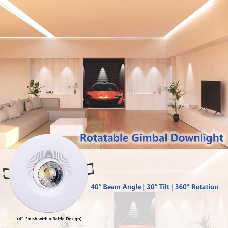 POPANU Premium Canless Recessed Gimbal Downlight Rotatable-Spotlight 5 CCT 4 Inch Eyeball Ceilling Potlight, Dimmable Lights Fixture with Junction Box, 8W, White Round Trim, with Baffle, 6P - Image 2